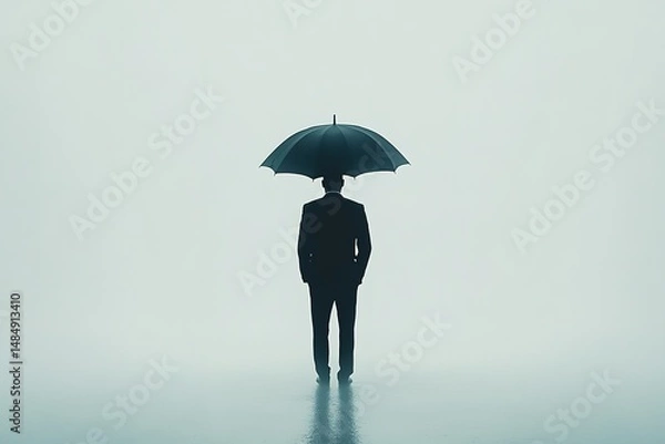 Fototapeta A faceless person in a dark suit holding an umbrella, standing in a featureless white void
