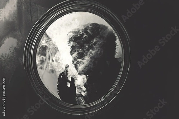 Fototapeta A ghostly figure emerging from a mirror, eerie reflections, monochrome horror aesthetic