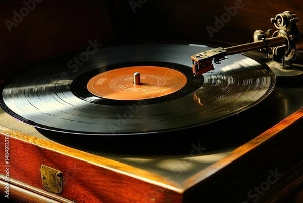 Fototapeta A gramophone playing an old vinyl record, shadows and highlights creating a dramatic effect