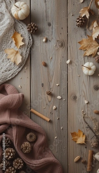 Fototapeta Minimal fall flatlay with cozy textures featuring a wool scarf, cinnamon sticks, and pinecones on rustic wood surface Generative AI