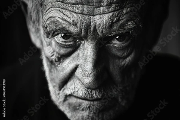 Fototapeta A high-contrast black and white portrait of an old man with deep wrinkles, dramatic lighting, cinematic composition