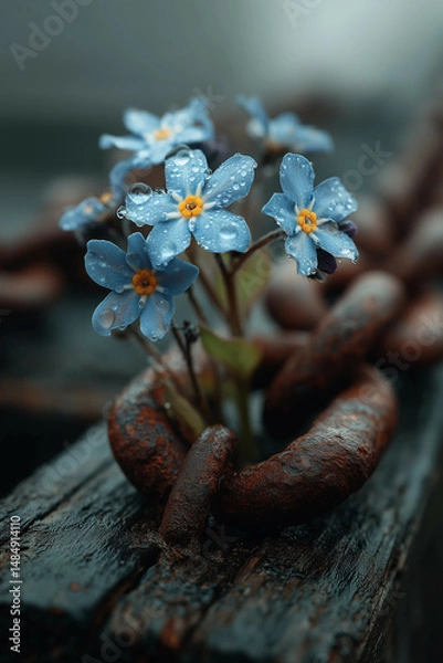 Fototapeta a bunch of blue flowers sitting on a wooden bench with chains around it and a chain around it that is holding them