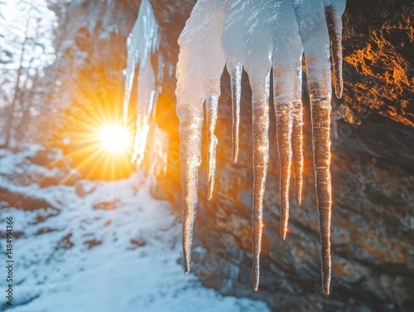 Fototapeta Rays of sunlight streaming through icicles hanging from an alpine cliff, Generative AI