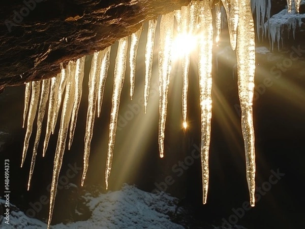 Fototapeta Rays of sunlight streaming through icicles hanging from an alpine cliff, Generative AI