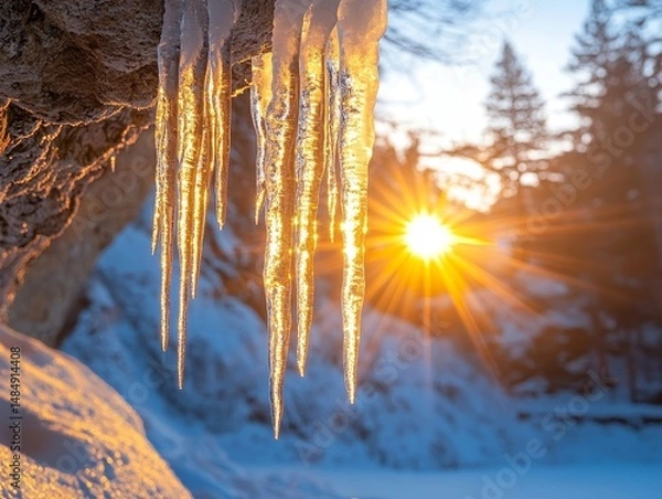 Fototapeta Rays of sunlight streaming through icicles hanging from an alpine cliff, Generative AI