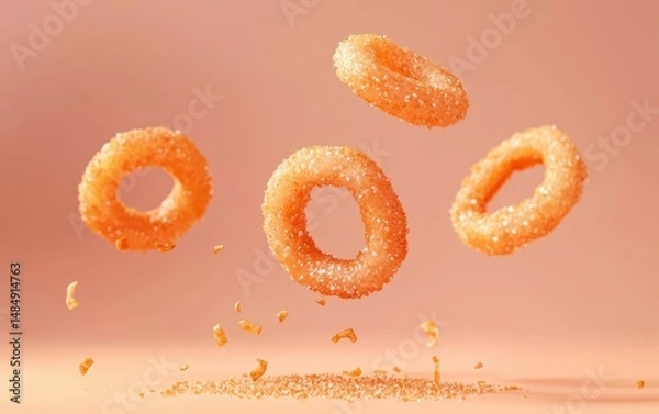 Fototapeta Onion ring chips with crunchy coating, floating on a pastel peach background