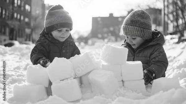 Fototapeta Children building a snow fort with neatly stacked blocks of packed snow, Generative AI