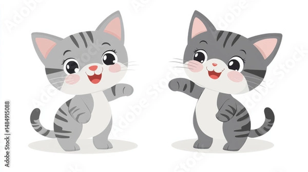Fototapeta Two playful cartoon kittens with gray stripes, smiling and waving, set against a clean white background.