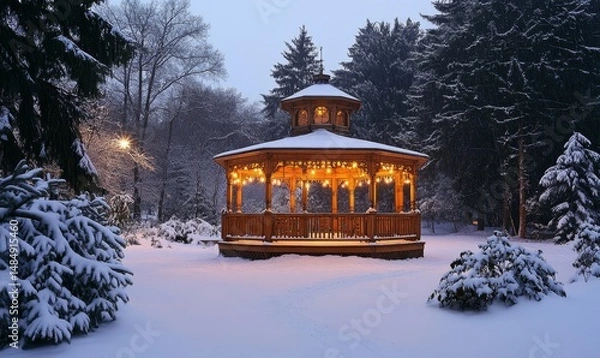 Fototapeta Lantern-lit gazebo glowing softly in the heart of a bustling holiday park surrounded by snow, Generative AI