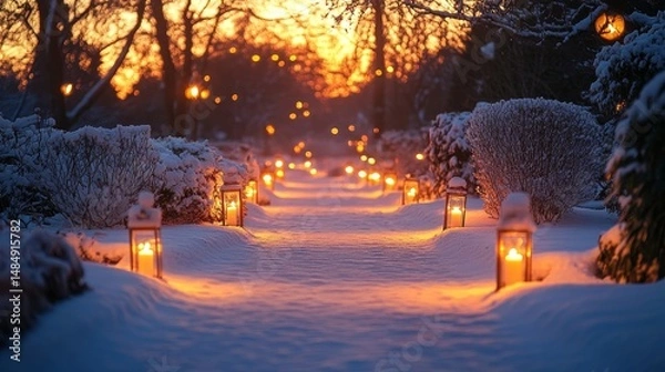 Fototapeta Lantern-lit path weaving through a frosted garden glowing under the golden light of sunset, Generative AI