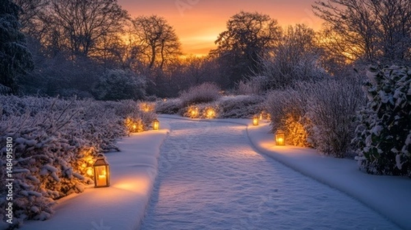 Fototapeta Lantern-lit path weaving through a frosted garden glowing under the golden light of sunset, Generative AI