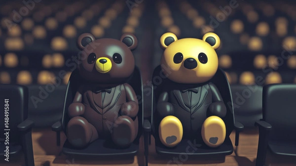 Fototapeta Two stylish teddy bears in tuxedos sit in a theater, ready for a performance, exuding charm and whimsy.