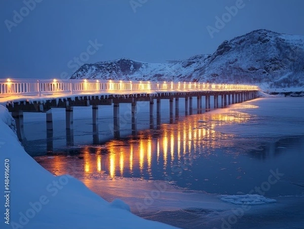 Fototapeta Lantern-lit bridge spanning a frozen lake glowing under the faint light of a crescent moon, Generative AI