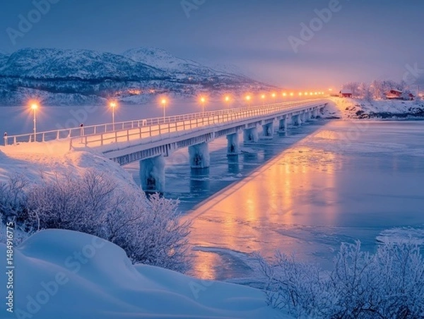 Fototapeta Lantern-lit bridge spanning a frozen lake glowing under the faint light of a crescent moon, Generative AI
