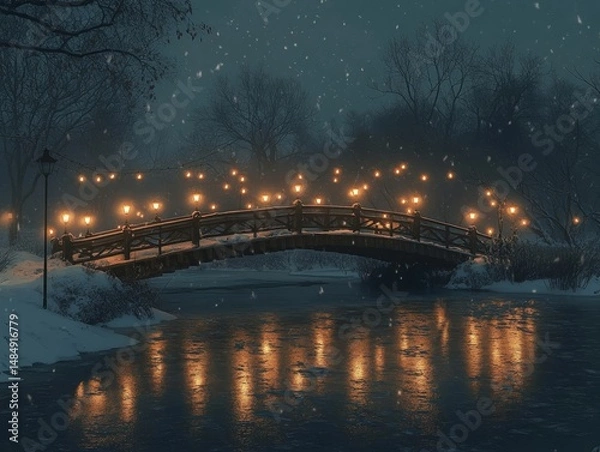 Fototapeta Lantern-lit bridge spanning a frozen lake glowing under the faint light of a crescent moon, Generative AI