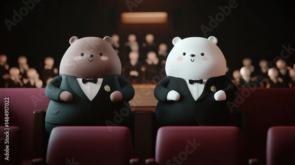 Fototapeta Two adorable cartoon bears in tuxedos sitting in a theater, ready for a performance with an audience blurred in the background.