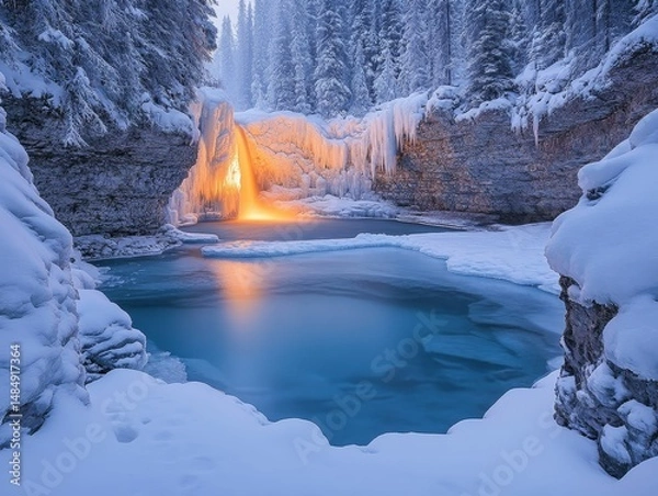 Fototapeta Frozen waterfall cascading into a crystalline pool surrounded by softly glowing frosted rocks, Generative AI