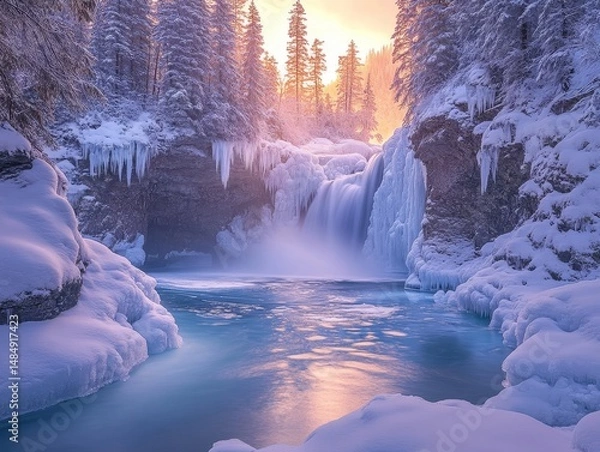 Obraz Frozen waterfall cascading into a crystalline pool surrounded by softly glowing frosted rocks, Generative AI