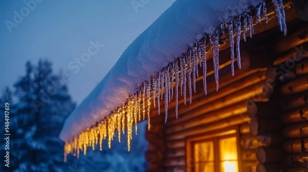 Fototapeta Icicles glistening on the edges of a rustic cabin glowing warmly under a clear night sky, Generative AI