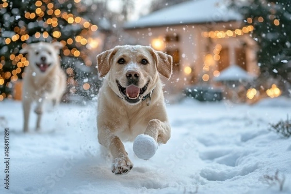 Fototapeta Dogs chasing snowballs through a frosty yard surrounded by softly glowing holiday decorations, Generative AI