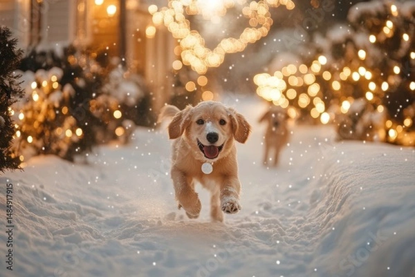 Fototapeta Dogs chasing snowballs through a frosty yard surrounded by softly glowing holiday decorations, Generative AI