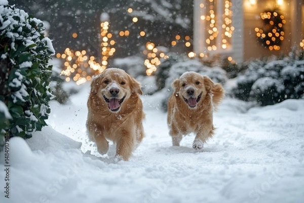 Fototapeta Dogs chasing snowballs through a frosty yard surrounded by softly glowing holiday decorations, Generative AI