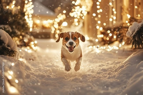 Fototapeta Dogs chasing snowballs through a frosty yard surrounded by softly glowing holiday decorations, Generative AI