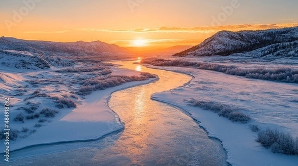 Fototapeta Frozen river winding through a valley glowing under the golden hues of the setting sun, Generative AI