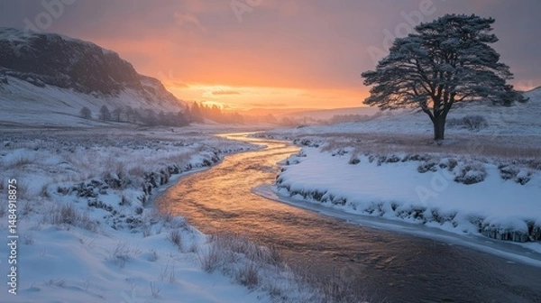 Fototapeta Frozen river winding through a valley glowing under the golden hues of the setting sun, Generative AI