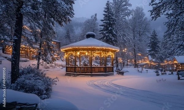Fototapeta Lantern-lit gazebo glowing softly in the middle of a snow-covered park surrounded by evergreen trees, Generative AI