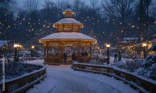 Fototapeta Lantern-lit gazebo glowing softly in the middle of a snow-covered park surrounded by evergreen trees, Generative AI