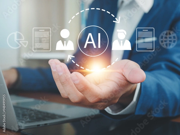 Fototapeta Business information exchange, information exchange or changes in AI technology, access to document files, company agreements through modern work tools.