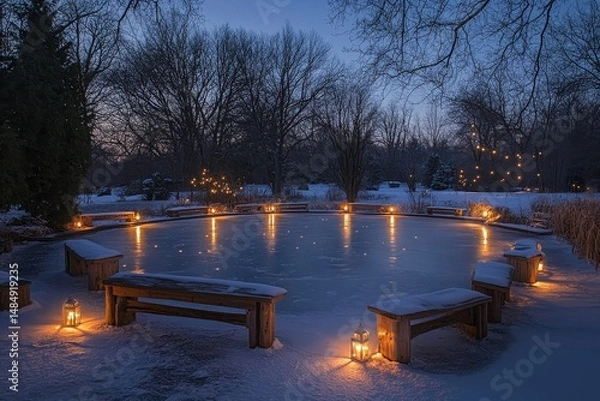 Fototapeta Lantern-lit benches arranged around a glowing frozen fountain in the center of a holiday market, Generative AI