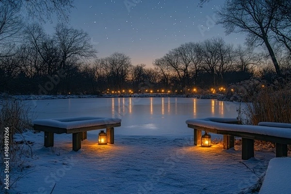 Fototapeta Lantern-lit benches arranged around a glowing frozen fountain in the center of a holiday market, Generative AI