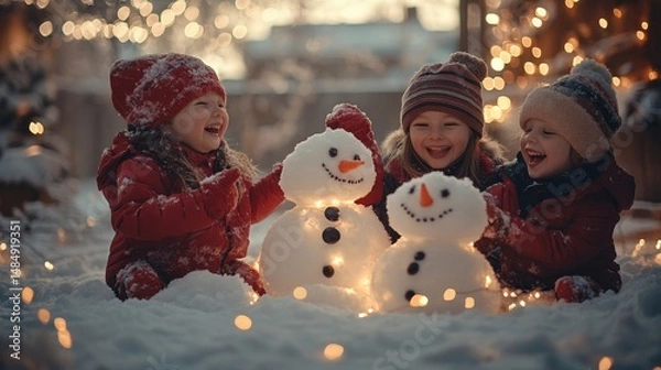 Fototapeta Children laughing as they build a family of snowmen in a frosted backyard filled with lights, Generative AI