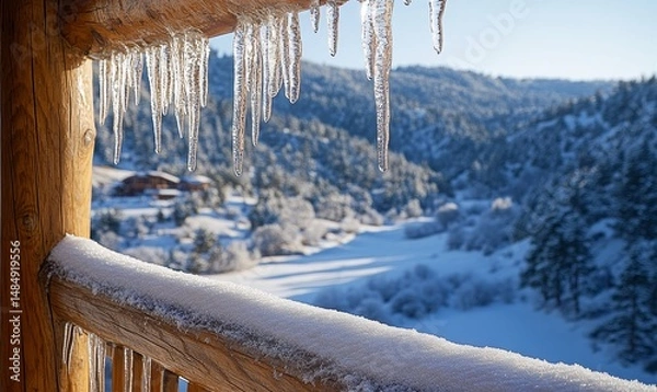 Fototapeta Icicles hanging from a rustic wooden balcony overlooking a serene snow-draped landscape, Generative AI
