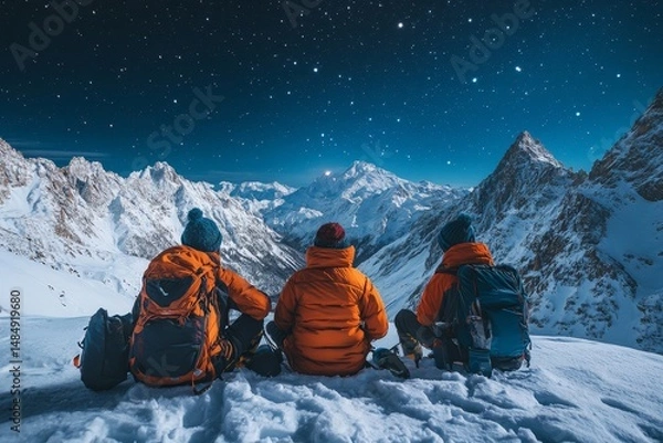 Fototapeta Hikers resting on a snowy plateau with breathtaking views of an icy valley illuminated by the aurora, Generative AI