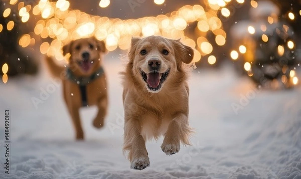 Fototapeta Dogs chasing snowballs through a frosty yard surrounded by softly glowing holiday lights, Generative AI