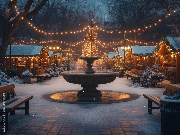 Fototapeta Lantern-lit benches arranged around a tranquil frozen pond glowing softly under a starlit sky, Generative AI