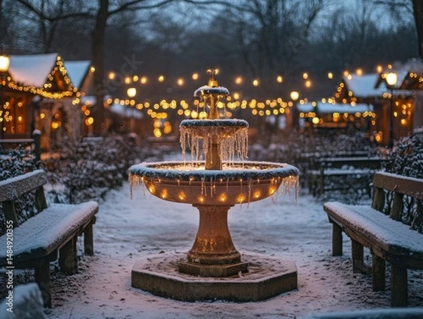 Fototapeta Lantern-lit benches arranged around a tranquil frozen pond glowing softly under a starlit sky, Generative AI