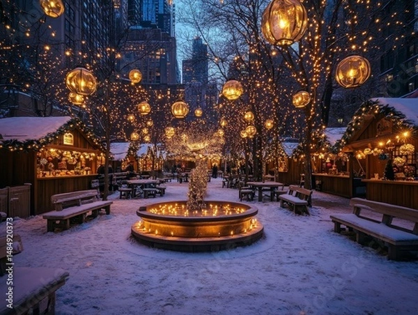Fototapeta Lantern-lit benches arranged around a tranquil frozen pond glowing softly under a starlit sky, Generative AI