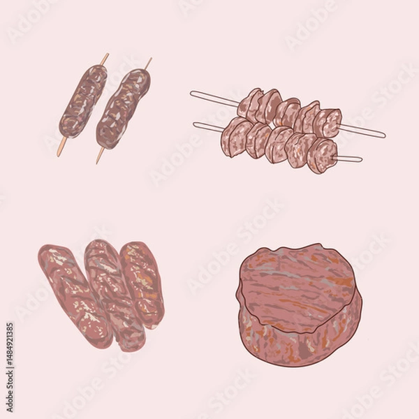 Fototapeta Summer BBQ Food Set - skewers, grilled corn, sausages, steak, grill, sauces in bright flat vector style, isolated icons on white