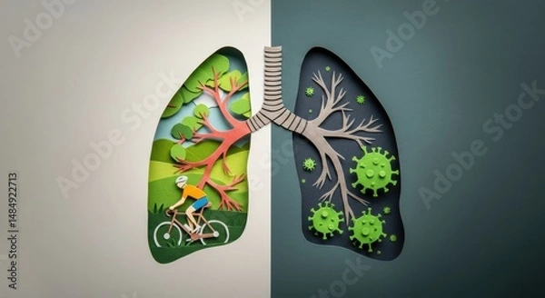 Fototapeta Creative illustration of healthy lungs with a cyclist and unhealthy lungs with viruses