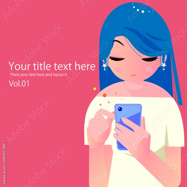 Fototapeta スマホで話す可愛い女性のデザインでフラットイラスト,背景はピンク