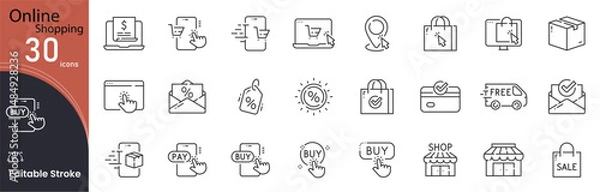 Obraz Online Shopping related icon collections. Containing Online, Shopping, Cart, Purchase, E-commerce, Delivery, Payment, Discount, Store, and Product icons. Editable Stroke icon. Outline icon .