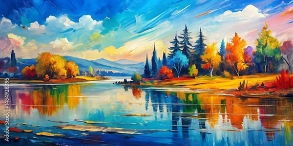 Fototapeta Painting of a lake with trees and a sky