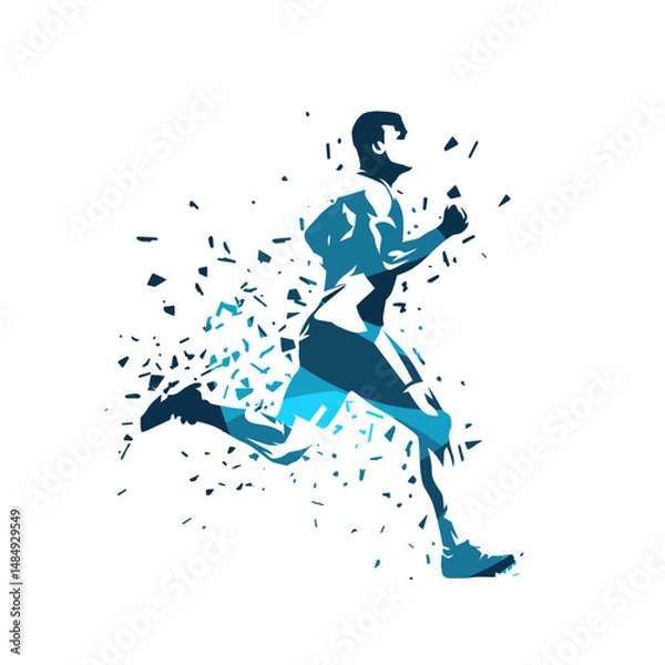 Fototapeta Run, running man, abstract blue isolated vector silhouette. Athletics logo, track and field