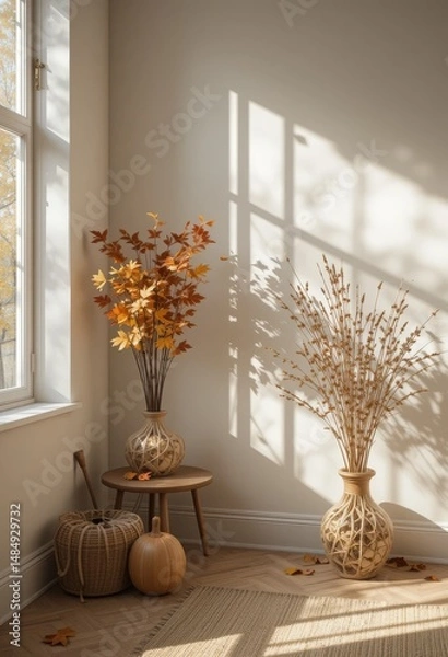 Fototapeta Minimalist interior with autumn decor and sunlight filtering through leaves, creating a calm lifestyle aesthetic and warm atmosphere Generative AI