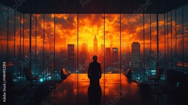 Obraz A man contemplates a fiery city sunrise