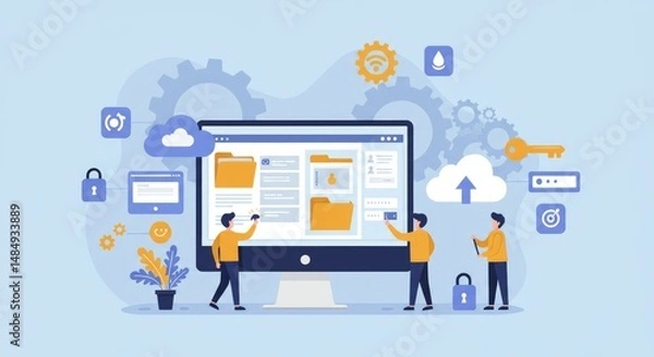 Fototapeta Collaborative digital workspace.  Three people interact with a large computer screen displaying cloud-based files, folders, and applications